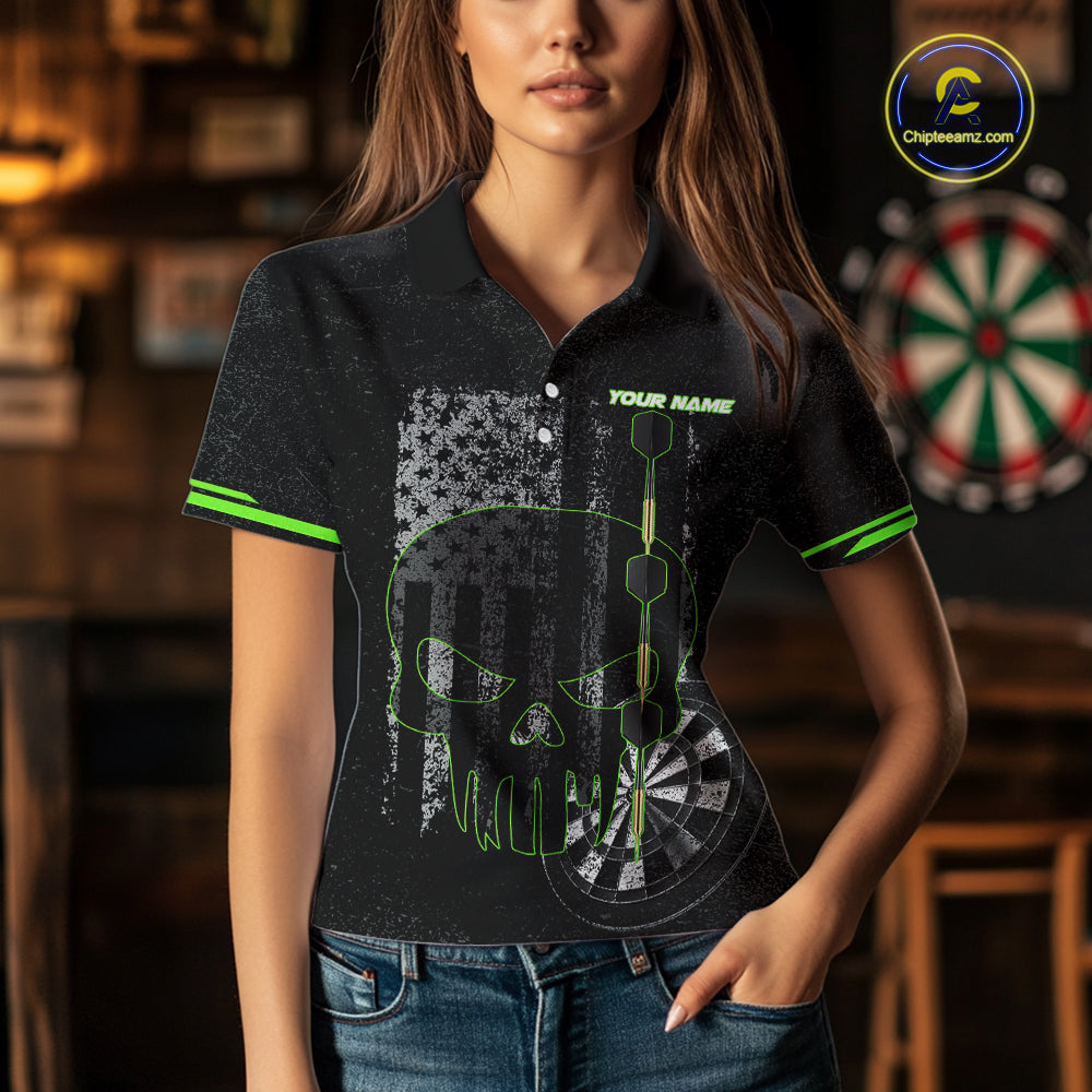 Black & White grunge American Flag Skull Women Darts Shirt Custom patriotic Team Darts Jersey | Green NQS10748