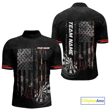 Black & White grunge American Flag Skull Mens Darts Shirt Custom patriotic Team Darts Jersey | Red NQS10749