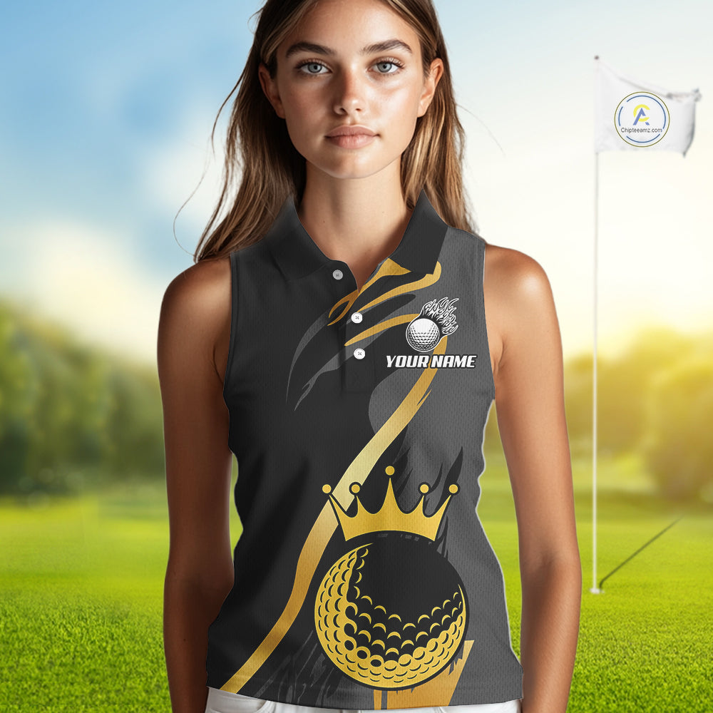 Black and Gold Crown Golf ball Women's Sleeveless golf polo shirts custom team golf tops for ladies NQS10757
