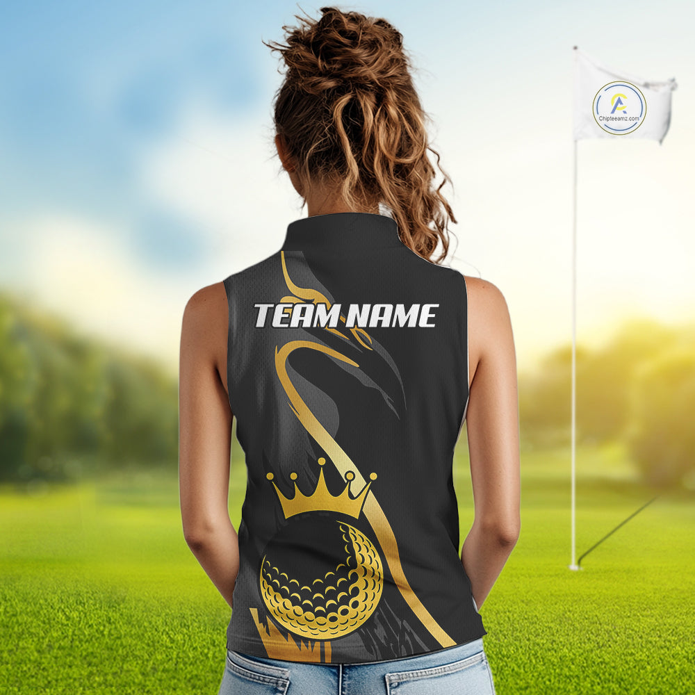 Black and Gold Crown Golf ball Women's Sleeveless golf polo shirts custom team golf tops for ladies NQS10757