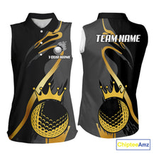 Load image into Gallery viewer, Black and Gold Crown Golf ball Women's Sleeveless golf polo shirts custom team golf tops for ladies NQS10757