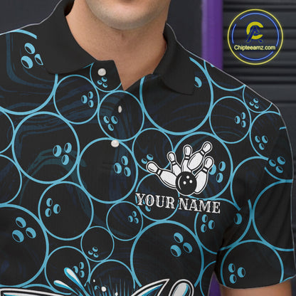 Black and Blue Camo Shark Bowling Polo, Quarter Zip Shirt For Men Custom Team Shark Bowling jerseys NQS11338