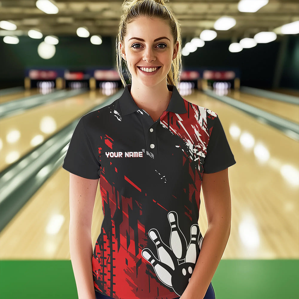 Black and Red Womens bowling shirts Custom retro bowling ball and pins bowling team league jerseys NQS9454