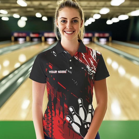 Black and Red Womens bowling shirts Custom retro bowling ball and pins bowling team league jerseys NQS9454