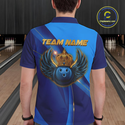 Blue and Gold Crown Bowling ball wings Bowling Shirts For Men Custom Bowling Team Outfits NQS10550