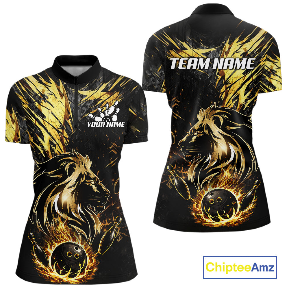 Black and Gold Lion Bowling Polo, 1/4 Zip Shirt for Women Custom Lion Bowling Team jerseys NQS11682