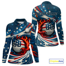 Load image into Gallery viewer, American Flag pattern Flame golf ball Women Golf polo shirts Custom patriotic Golf Outfit For Women NQS10038