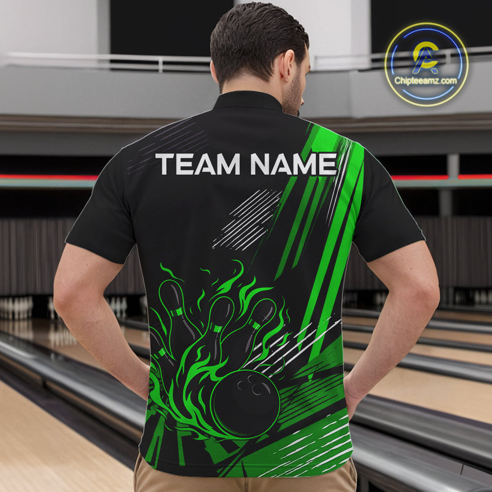 Black and Green Flame Bowling Polo, Quarter Zip Shirts For Men Custom Bowling Outfit Team Jerseys NQS10193