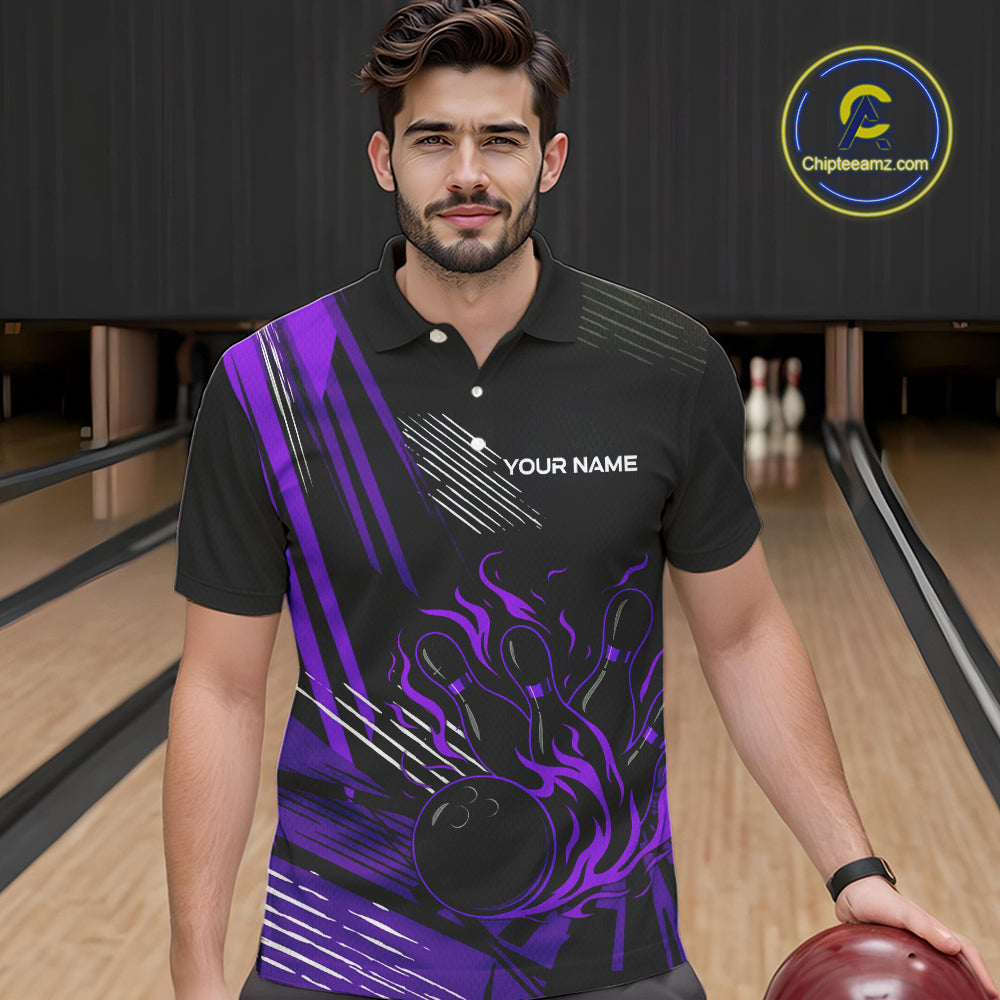 Black and Purple Flame Bowling Polo, Quarter Zip Shirts For Men Custom Bowling Outfit Team Jerseys NQS10194