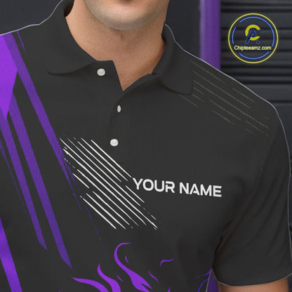 Black and Purple Flame Bowling Polo, Quarter Zip Shirts For Men Custom Bowling Outfit Team Jerseys NQS10194