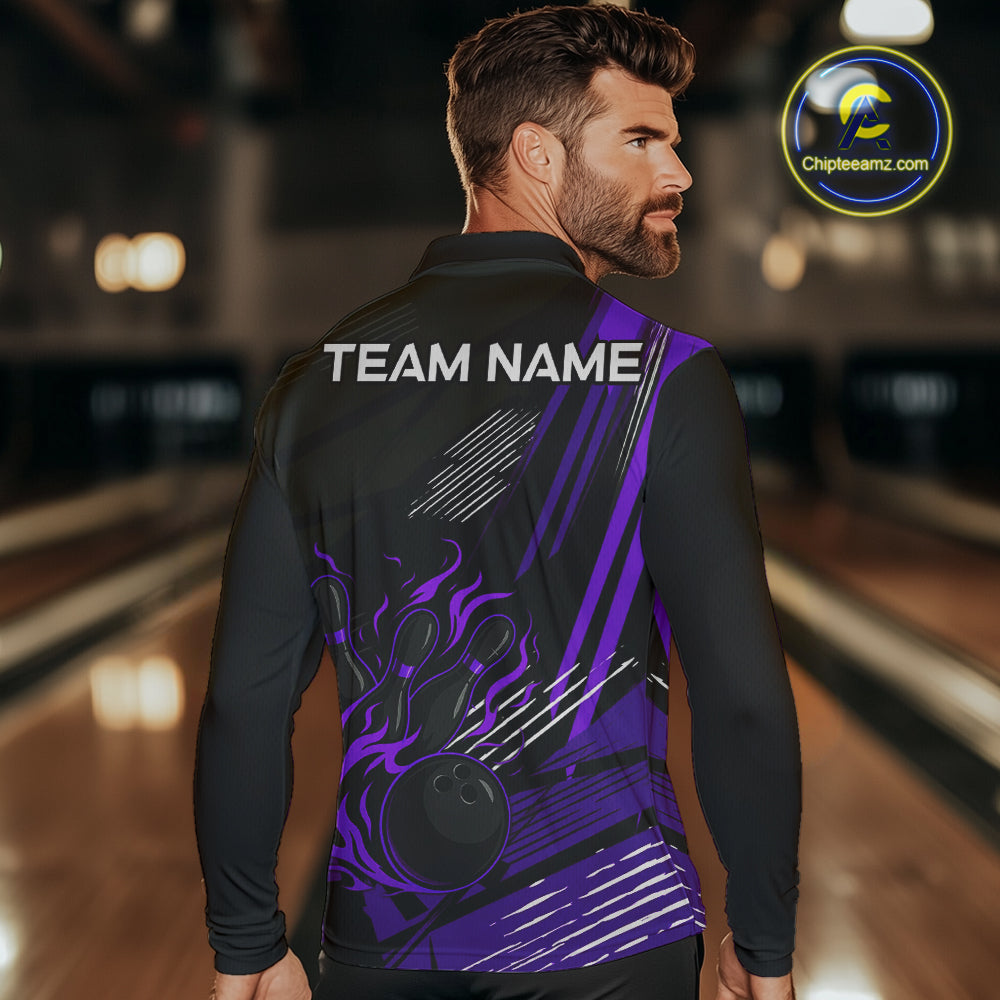 Black and Purple Flame Bowling Polo, Quarter Zip Shirts For Men Custom Bowling Outfit Team Jerseys NQS10194