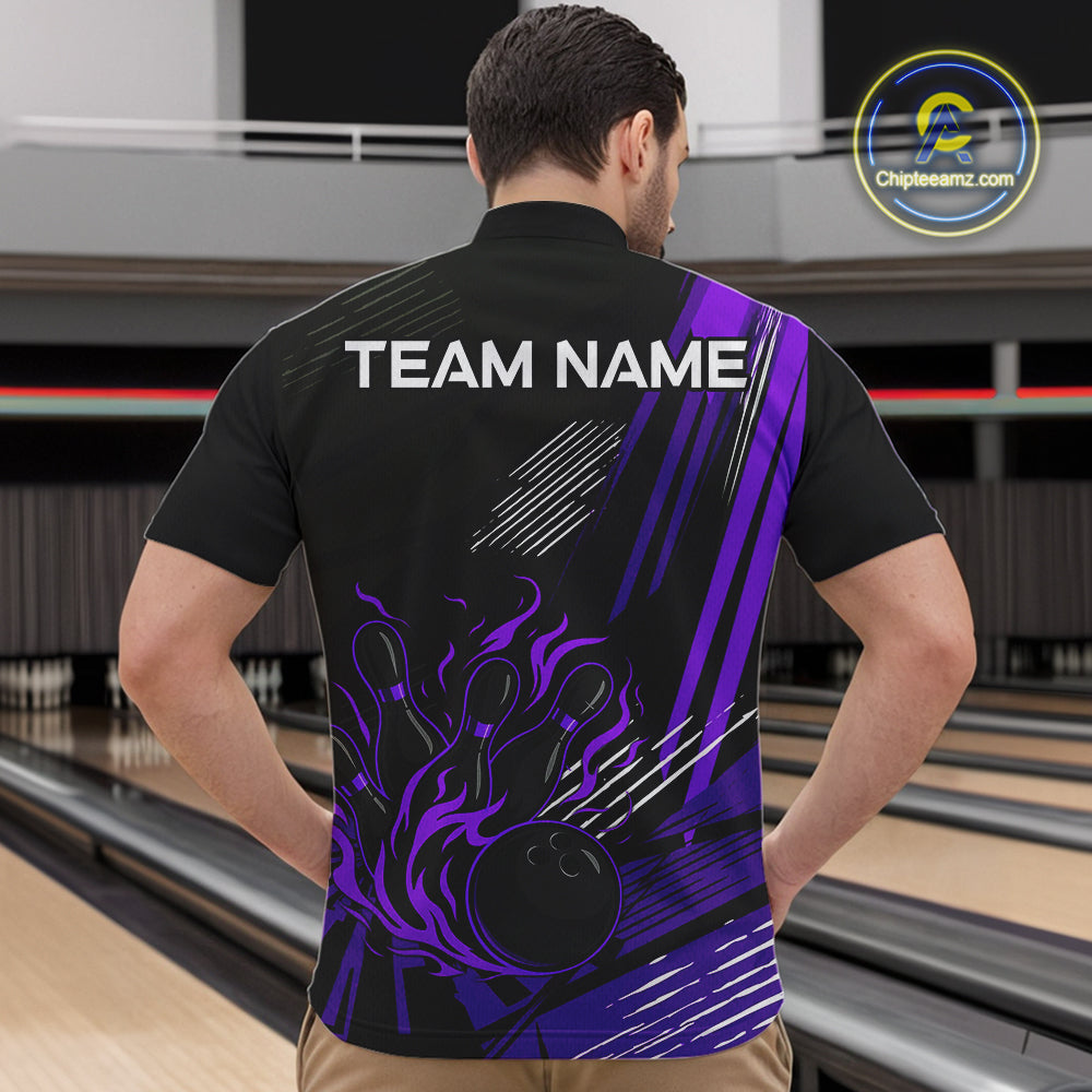 Black and Purple Flame Bowling Polo, Quarter Zip Shirts For Men Custom Bowling Outfit Team Jerseys NQS10194