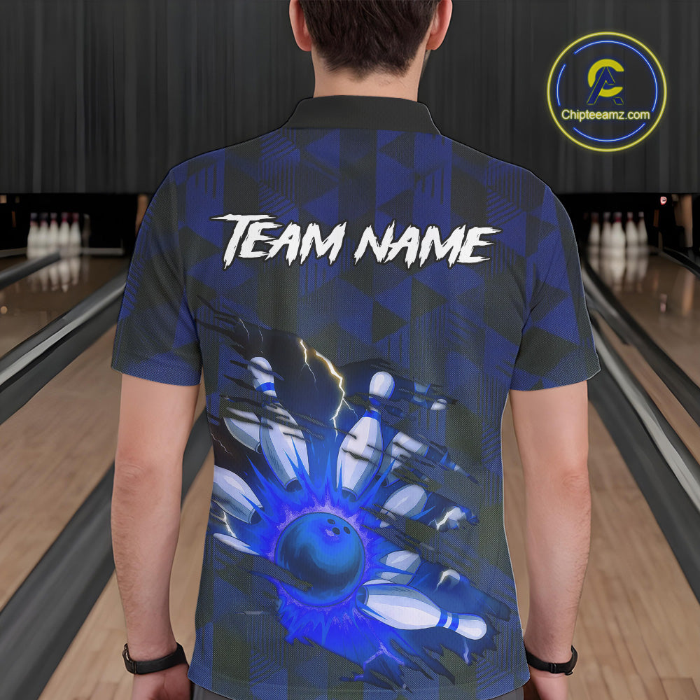 Blue Camo strike Men's Bowling Polo, Quarter Zip Shirt Custom Team Bowling jersey, gift for bowler NQS10343