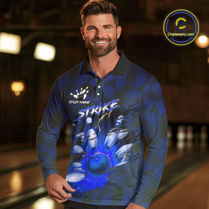 Blue Camo strike Men's Bowling Polo, Quarter Zip Shirt Custom Team Bowling jersey, gift for bowler NQS10343