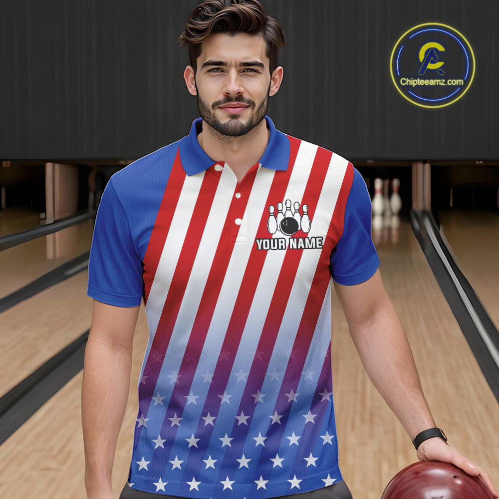Red, White and Blue US Flag Bowling Shirts for Men Custom Patriotic Bowling Team Jerseys NQS11148