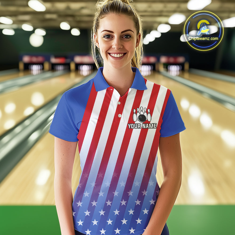 Red, White and Blue US Flag Bowling Shirts for Women Custom Patriotic Bowling Team Jerseys NQS11148