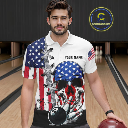 American Flag Skull Bowling Polo, Quarter Zip Shirts for Men Custom Patriotic Bowling Team jerseys NQS11694