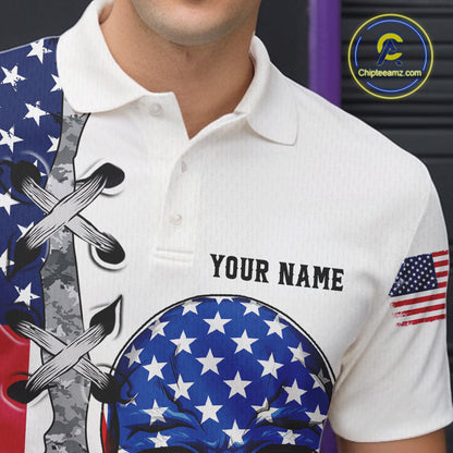American Flag Skull Bowling Polo, Quarter Zip Shirts for Men Custom Patriotic Bowling Team jerseys NQS11694