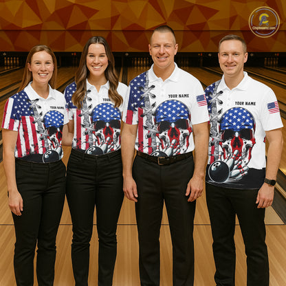 American Flag Skull Bowling Polo, Quarter Zip Shirts for Men Custom Patriotic Bowling Team jerseys NQS11694