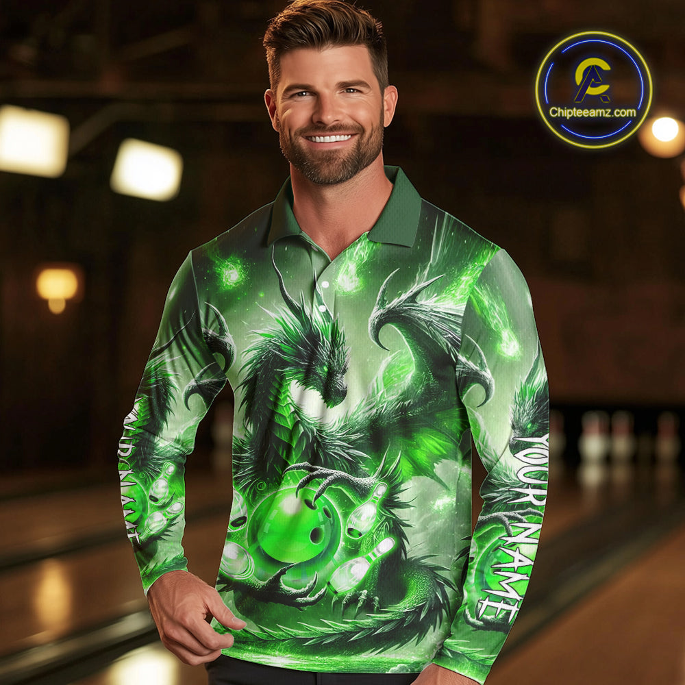 Personalized Green Lights Dragon Mens Bowling Polo, 1/4 Zip Shirt Custom Team Bowling League Jersey NQS10199