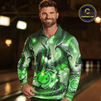 Personalized Green Lights Dragon Mens Bowling Polo, 1/4 Zip Shirt Custom Team Bowling League Jersey NQS10199
