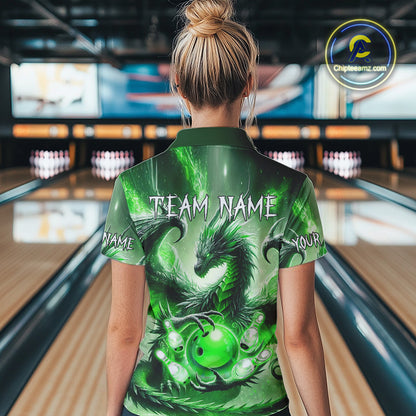 Personalized Green Lights Dragon Women Bowling Polo, 1/4 Zip Shirt Custom Team Bowling League Jersey NQS10199