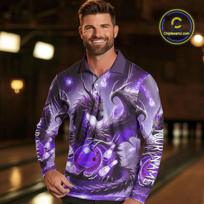 Personalized Purple Lights Dragon Mens Bowling Polo, 1/4 Zip Shirt Custom Team Bowling League Jersey NQS10200