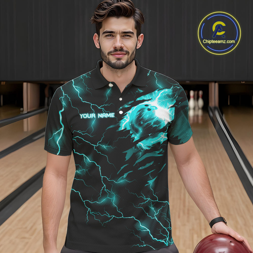Cyan Blue lightning thunder bowling American flag Eagle custom Mens Bowling Polo, Quarter Zip Shirts NQS10558