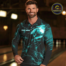 Load image into Gallery viewer, Cyan Blue lightning thunder bowling American flag Eagle custom Mens Bowling Polo, Quarter Zip Shirts NQS10558