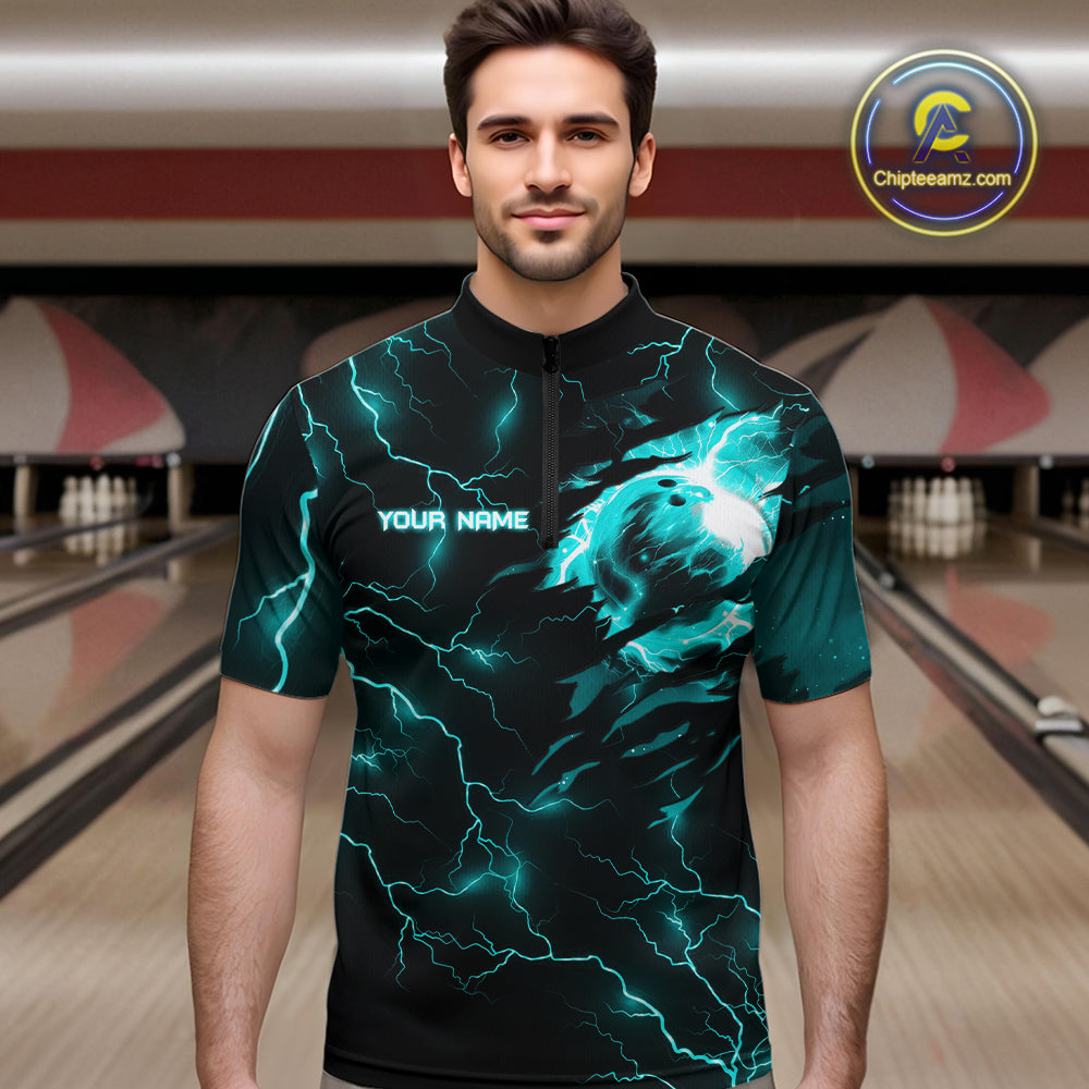 Cyan Blue lightning thunder bowling American flag Eagle custom Mens Bowling Polo, Quarter Zip Shirts NQS10558