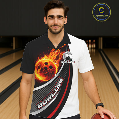 Personalized Black & White Red Flame Bowling Team Hawaiian Shirt, Gifts For Bowlers NQS11358