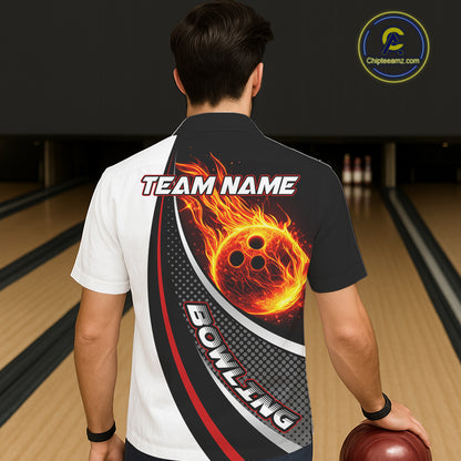 Personalized Black & White Red Flame Bowling Team Hawaiian Shirt, Gifts For Bowlers NQS11358