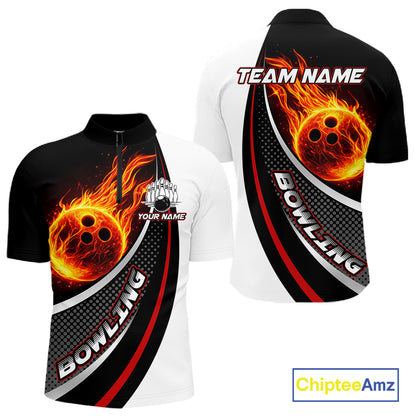 Personalized Black & White Red Flame Bowling Polo, 1/4 zip Team Shirts For Men, Gifts For Bowlers NQS11358