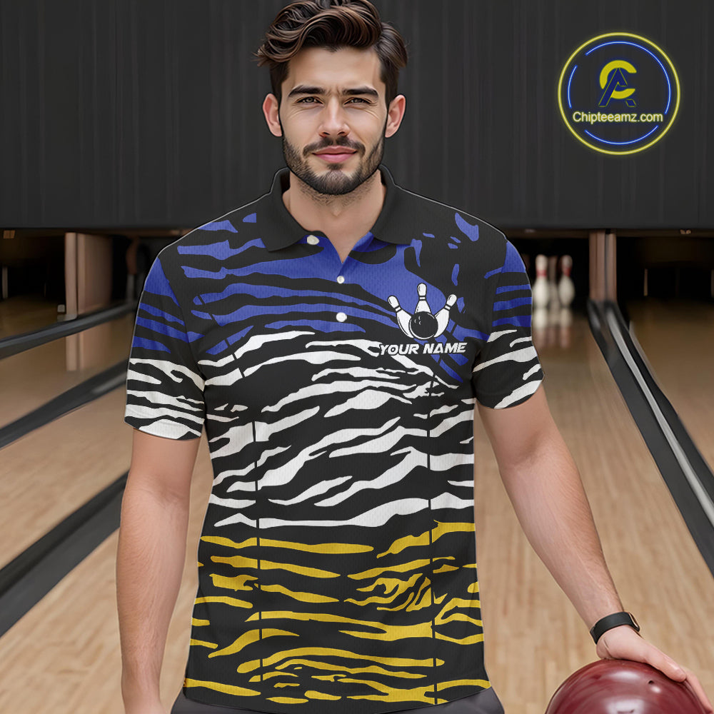 Blue, Yellow and White Tiger Skin Pattern Bowling Shirts For Men Custom Bowling Team jerseys NQS9803