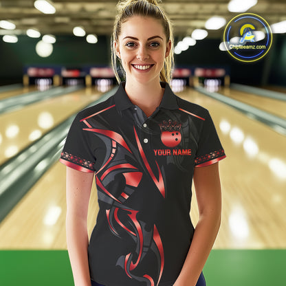 Black and Red crown Bowling ball Polo, Quarter Zip Shirts for Women Custom Bowling Team jerseys NQS10047