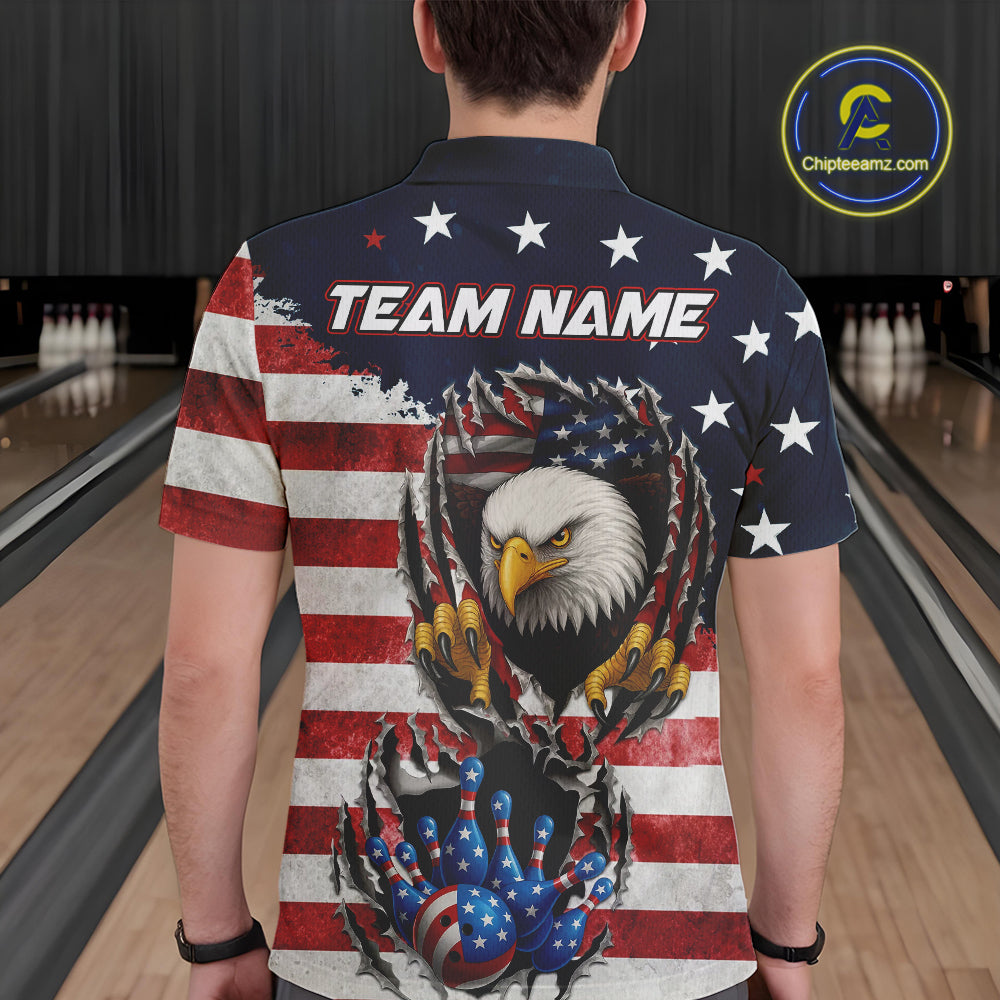 Vintage American Flag Eagle Bowling Polo, 1/4 Zip Shirt for Men Custom Patriotic Team Bowling Jersey NQS10569