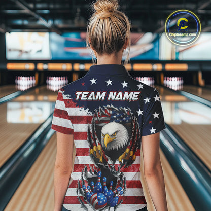 Vintage American Flag Eagle Bowling Polo,1/4 Zip Shirt for Women Custom Patriotic Team Bowling Jersey NQS10569