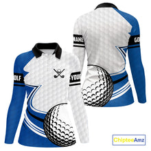Load image into Gallery viewer, Blue &amp; white golf ball short sleeve, long sleeve golf polo shirts custom name golf gifts for Women NQS10214