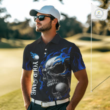 Load image into Gallery viewer, Custom Black and Blue Flame Skull Mens golf polo shirts, Personalized Skull Team Mens Golf Outfit NQS10576
