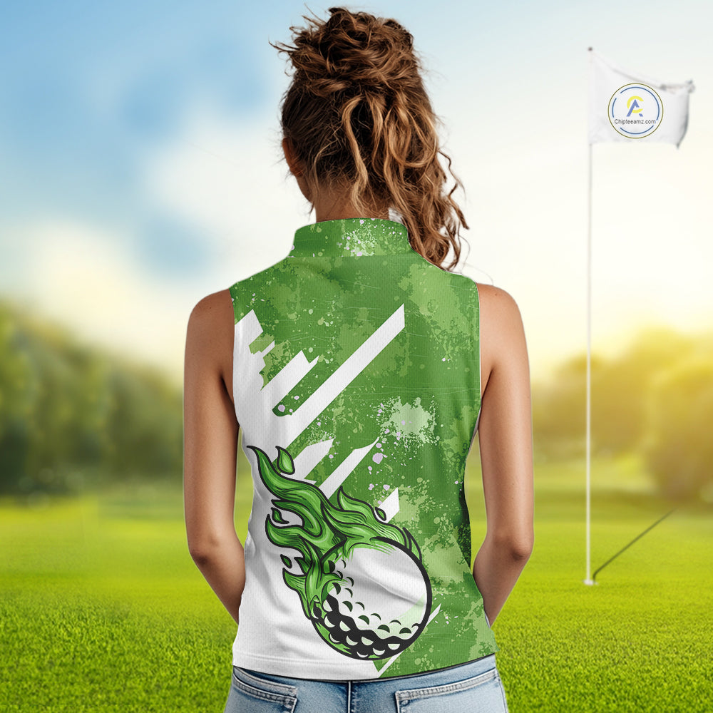 Green and white golf ball flame Women Sleeveless Polo Shirt custom team ladies golf clothing NQS10978