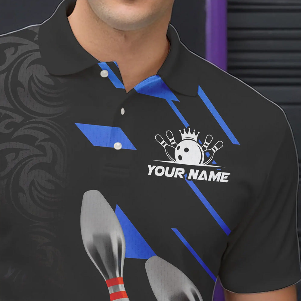 Silver Bowling Ball pins Team bowling shirts for Men custom bowling Polo, Quarter zip jersey | Blue NQS9624