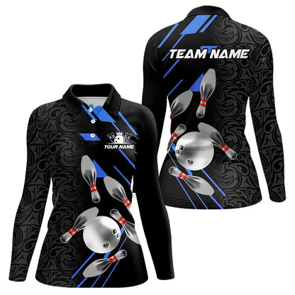 Silver Bowling Ball pins Team bowling shirts for women custom bowling Polo, Quarter zip jersey | Blue NQS9624