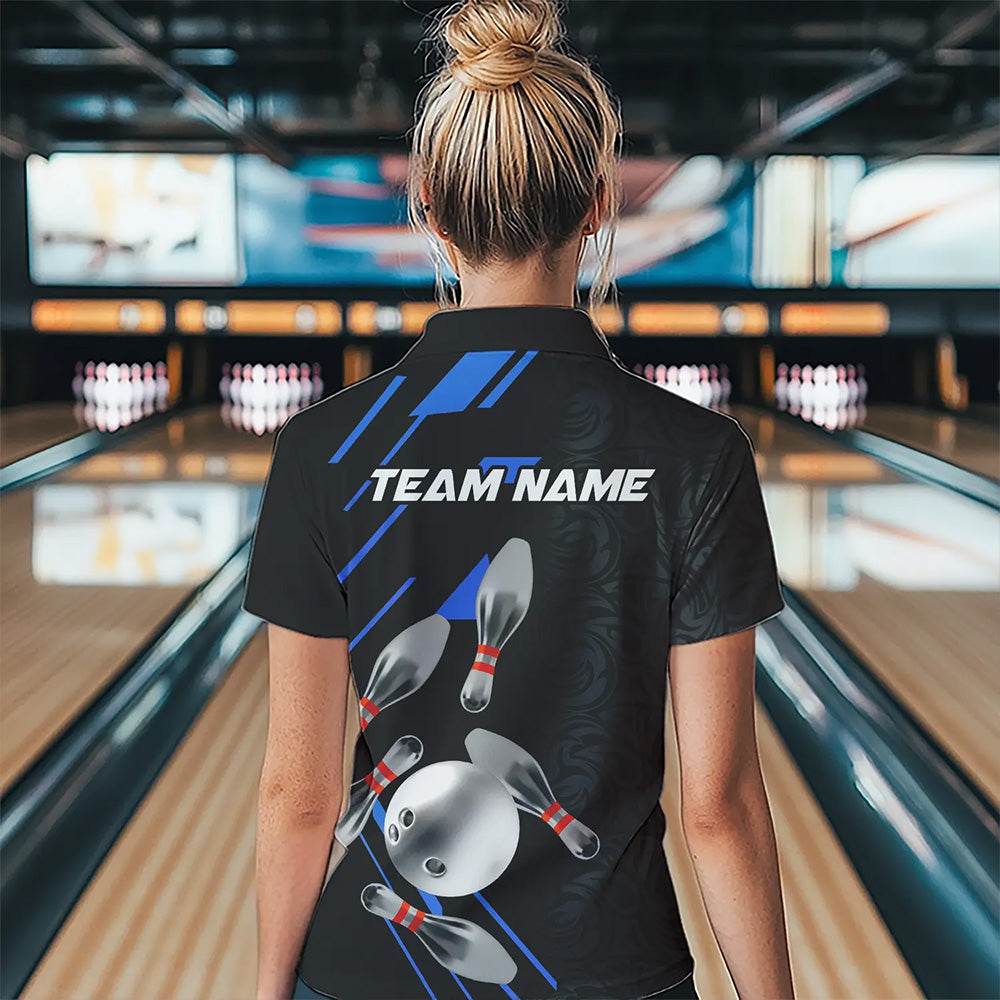 Silver Bowling Ball pins Team bowling shirts for women custom bowling Polo, Quarter zip jersey | Blue NQS9624
