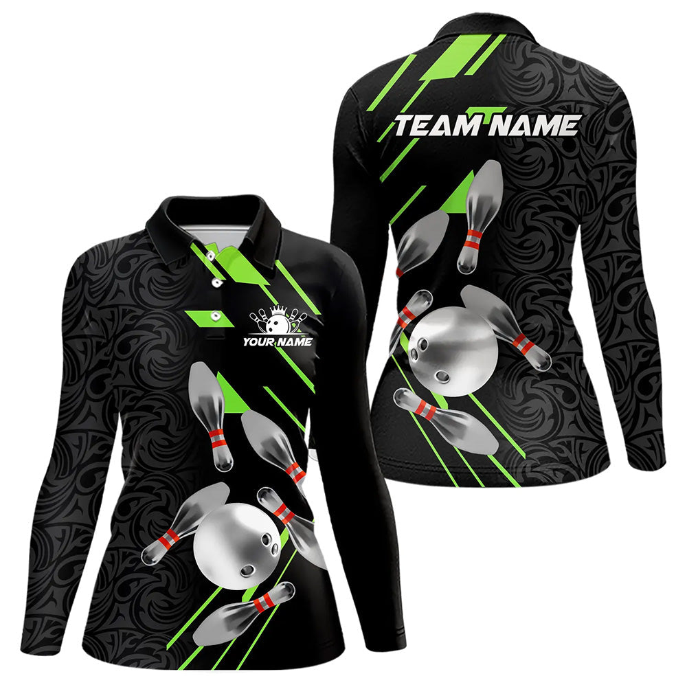 Silver Bowling Ball pins Team bowling shirts for women custom bowling Polo, Quarter zip jersey | Green NQS9628