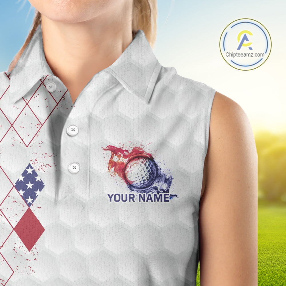 Red, White & Blue argyle American Flag Women sleeveless polo shirt custom golf apparel for ladies NQS9814