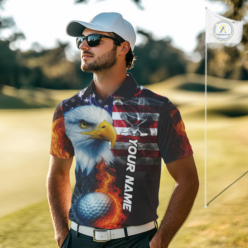 Smoke American Flag Eagle Fire and water Golf polo shirt for Men Custom patriotic Team Mens golf top NQS10354