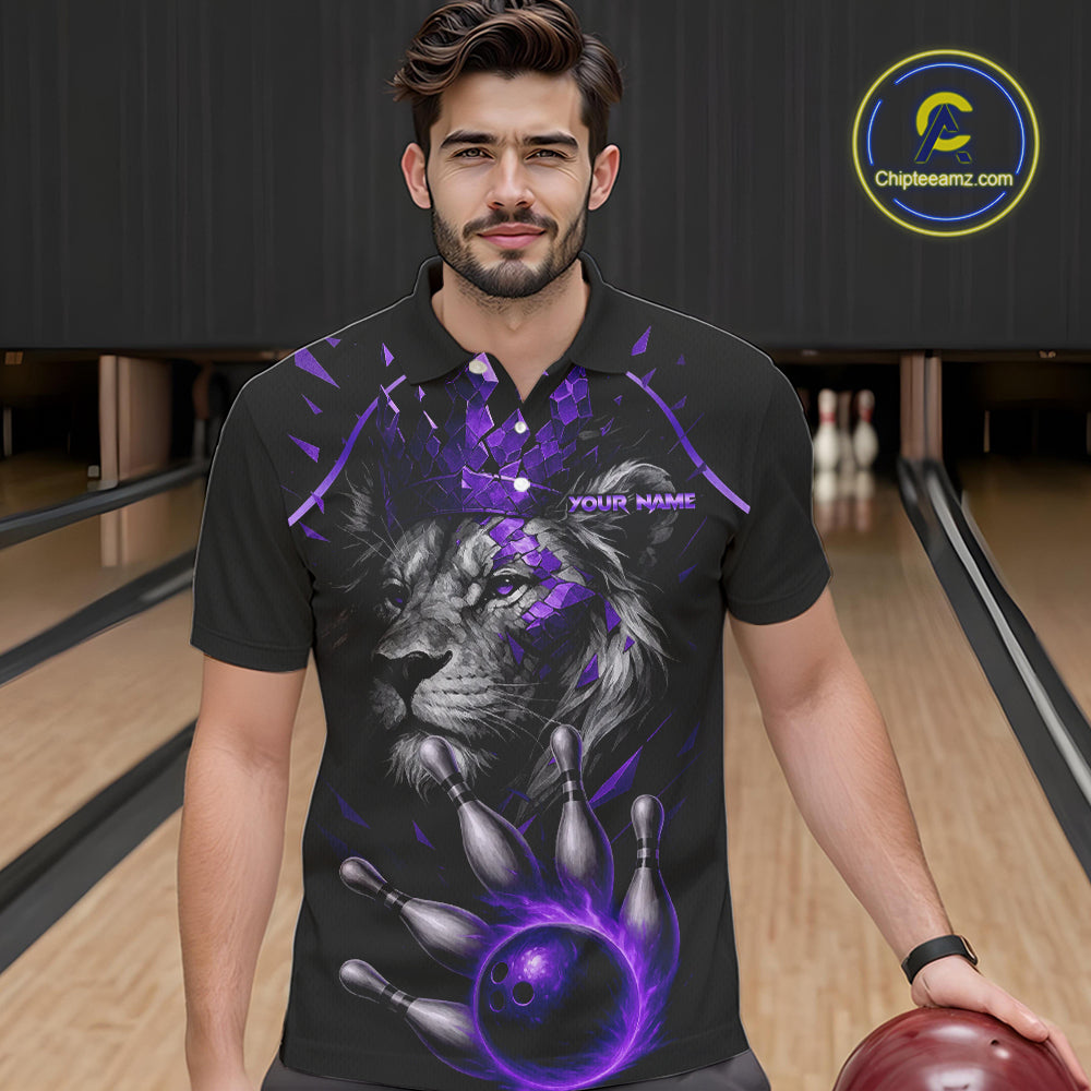 Custom Black and Purple Lion Bowling Polo, Quarter Zip shirts for Men, Lion Team Bowling Jerseys NQS10586