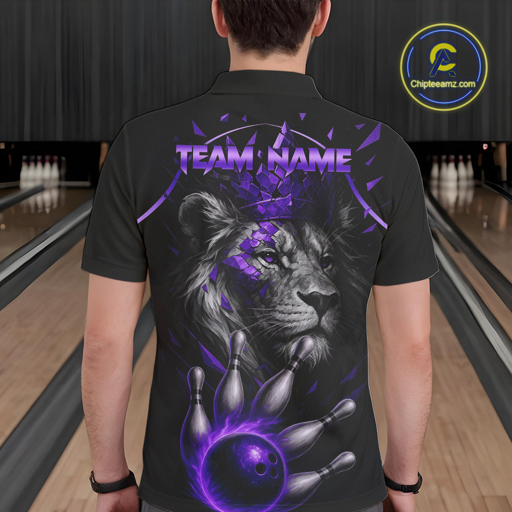 Custom Black and Purple Lion Bowling Polo, Quarter Zip shirts for Men, Lion Team Bowling Jerseys NQS10586