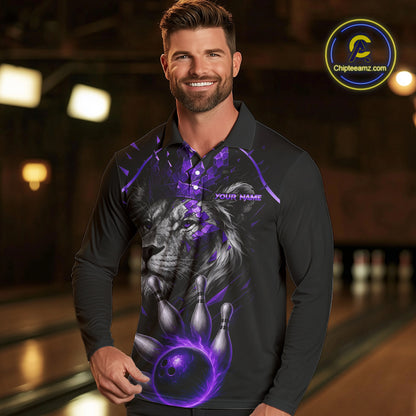 Custom Black and Purple Lion Bowling Polo, Quarter Zip shirts for Men, Lion Team Bowling Jerseys NQS10586