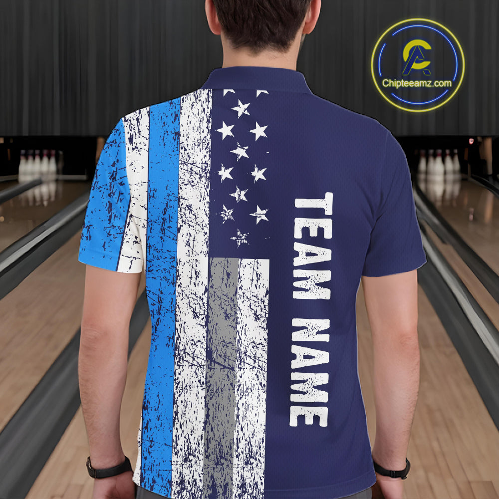 Blue Grunge American Flag Bowling Shirts For Men Custom patriotic Bowling Team League Jerseys NQS11176